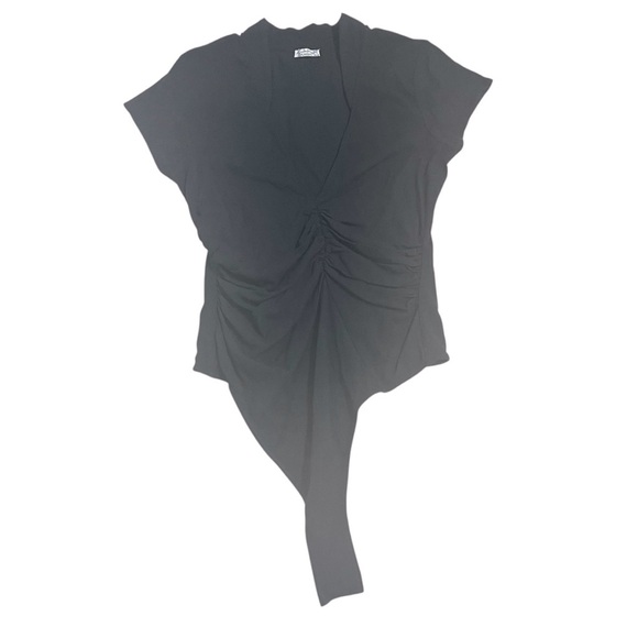 Free People Intimately Black Bodysuit Sleeveless Rushed Deep V-Neck Size Medium - Picture 1 of 16